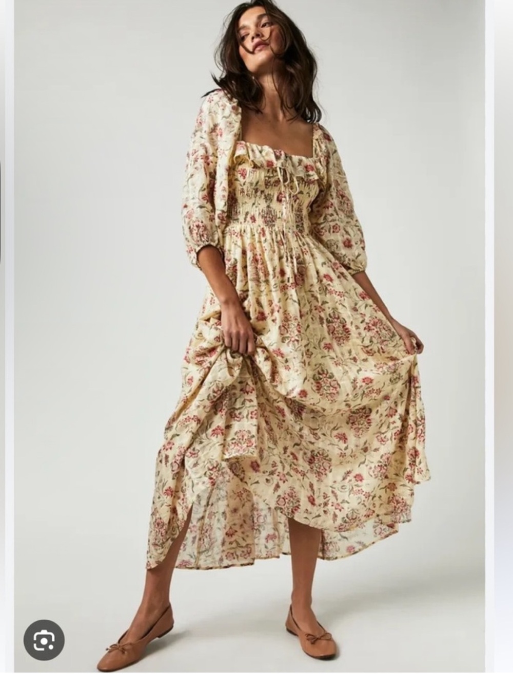 Free People Oasis Floral Midi Dress in Ivory Boho Ruffle Cottagecore Medium